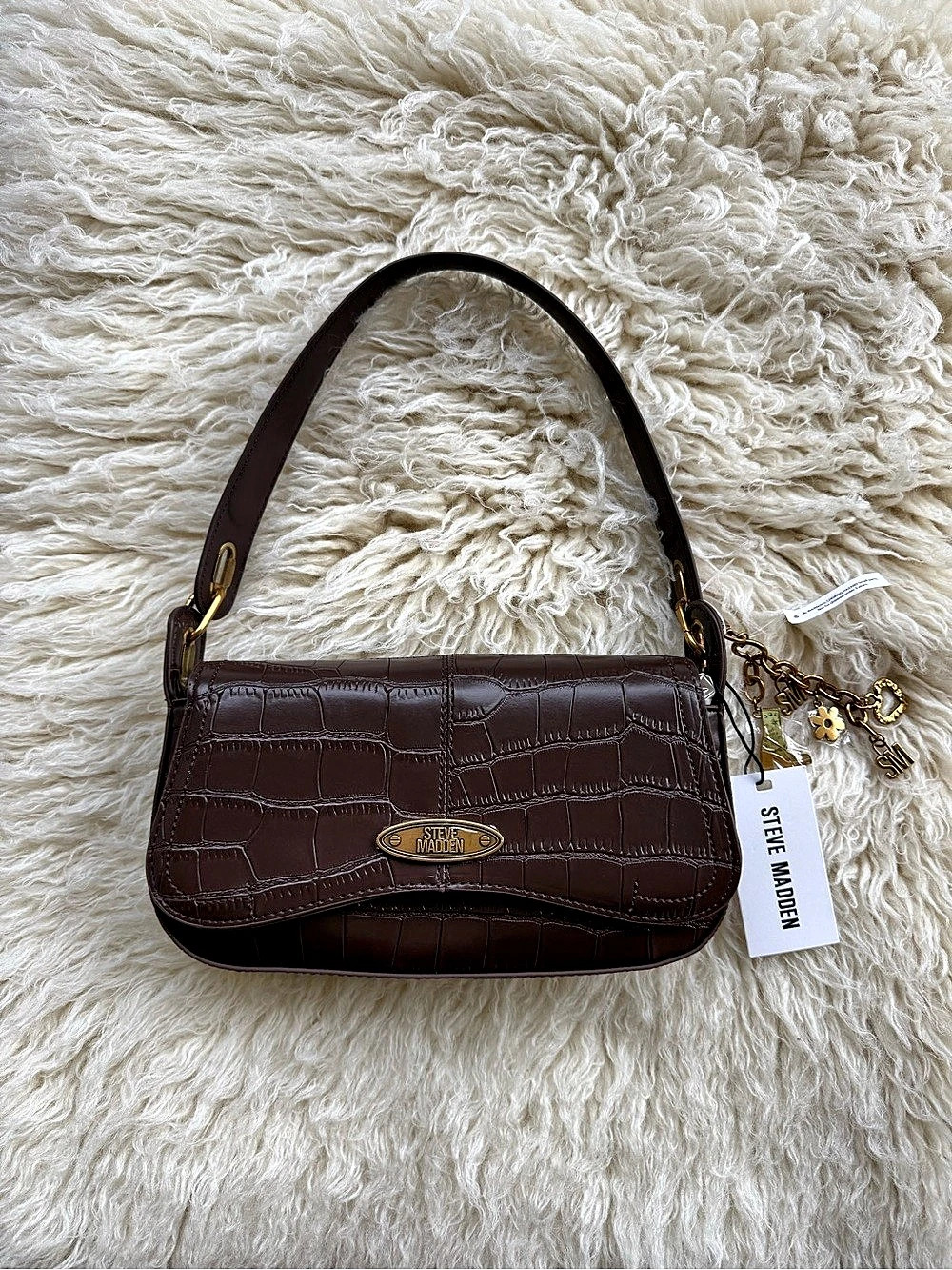 Steve Madden Chocolate Brown Croc Embossed Shoulder Bag Gold Charms NWT